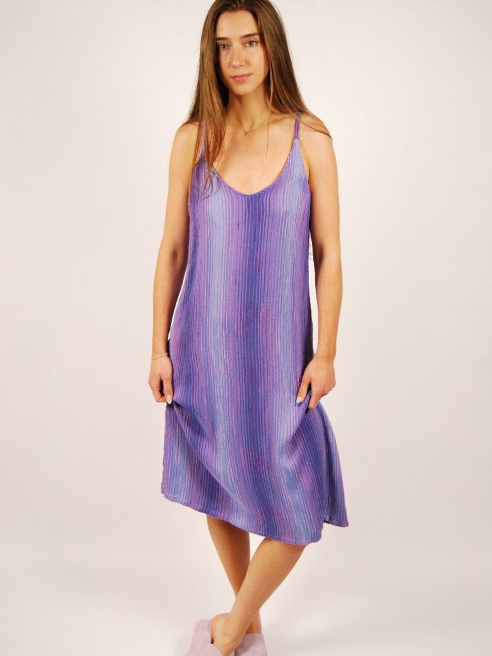 90s Striped Midi Dress (M) medium purple vintage tank boho vertical chic shift